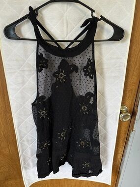 Free People Black Floral Lace Halter Camisole with Embroidered Accents